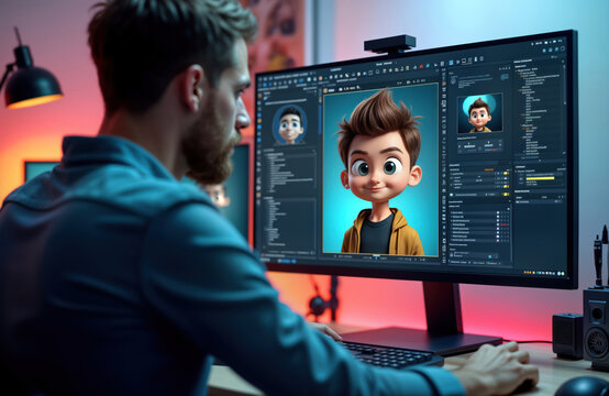 Man focuses on 3D character design at computer workstation. Intently works on cartoon character model. Digital art software shows design progress. Modern workplace tech tools used for creative work.