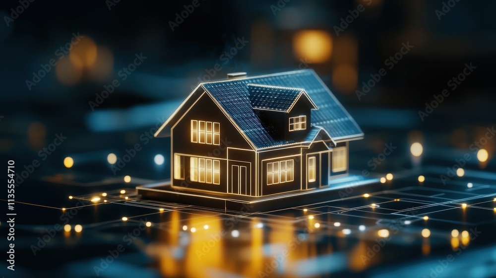 Poster digital concept of smart home technology with glowing house illustration on abstract background repr