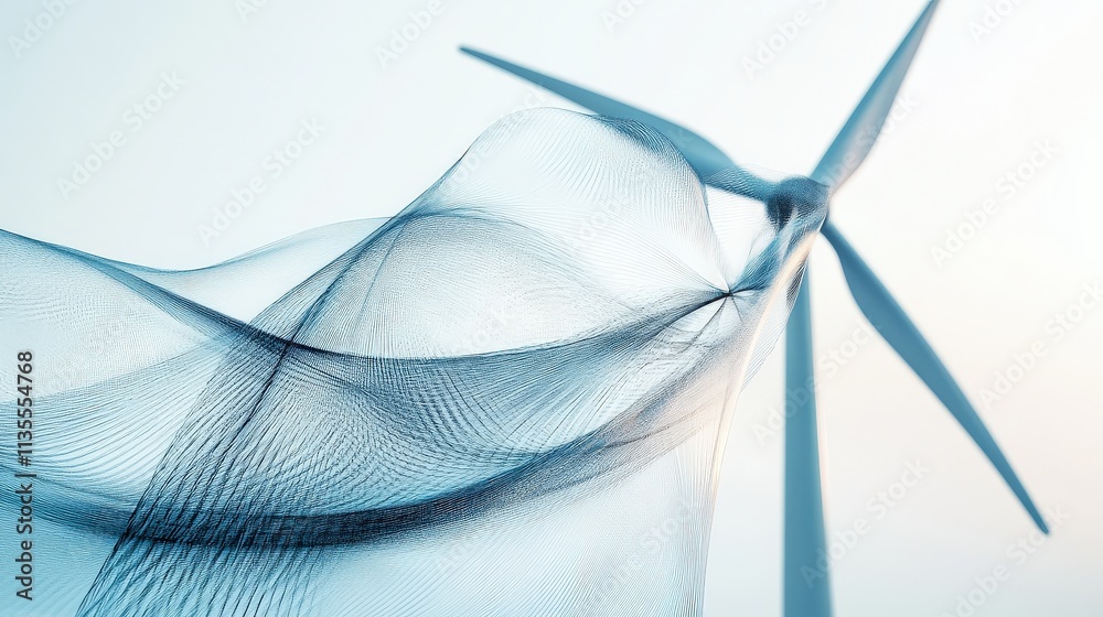 Poster elegant flow of transparent fabric in front of a wind turbine capturing sustainable energy, symboliz
