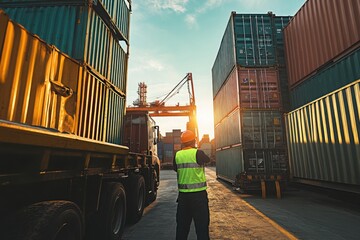 Sunset at the Shipping Container Yard - Logistical Operations and Transportation Industry