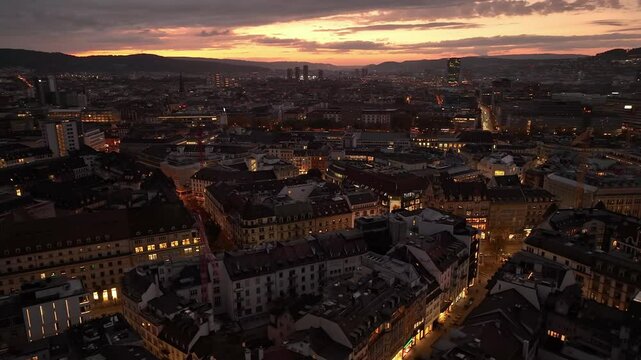 sunset sky night illumination zurich city center aerial panorama 4k switzerland   