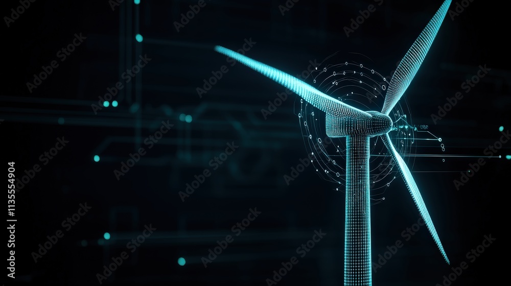 Poster Futuristic Digital Representation of a Wind Turbine with Data Integration in a Dark Background, Illustrating Renewable Energy Concepts and Technology Advancement