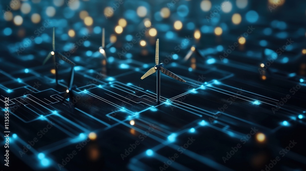 Aufkleber futuristic wind turbines on a digital circuit board background representing renewable energy and tec