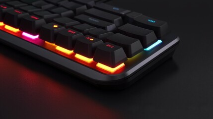 A close-up of a gaming keyboard glowing with customizable RGB lighting, the keys reflecting a spectrum of vibrant colors. The smooth texture and sleek design emphasize the technological sophistication