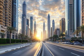Fototapeta premium Dubai Skyline at Sunrise. Modern Architecture and Urban Development.