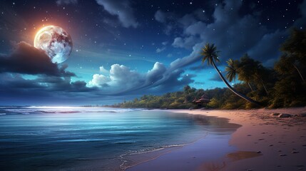 Dreamy panorama of a full moon hanging over a calm sea, its light casting a shimmering path across the water, with a serene beach scene in the foreground and a clear