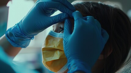 A close-up of a healthcare worker securing a face mask on a child, with their gloved hands adjusting the straps. The soft light and blurred clinical background create a sense of safety and care 