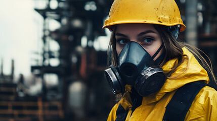 Fototapeta premium A woman adorned in a vibrant yellow helmet and protective gas mask stands confidently in a hazardous work environment. Her sturdy attire hints at the dangerous nature of her surroundings.