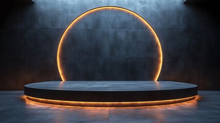 Dark industrial stage with glowing orange circle and platform.