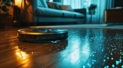 Fototapeta premium A close-up of a robotic vacuum navigating a hardwood floor, with its sensors glowing faintly. The fine details of the surface and the soft reflections emphasize the convenience of smart home 