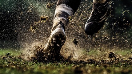 A close-up of a soccer player’s cleats digging into the grass as they prepare to kick the ball. Blades of grass and specks of dirt fly upward, highlighting the explosive energy and focus of 