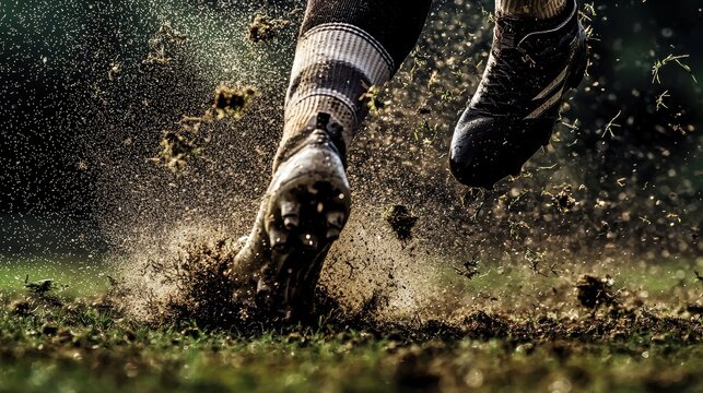 A close-up of a soccer player’s cleats digging into the grass as they prepare to kick the ball. Blades of grass and specks of dirt fly upward, highlighting the explosive energy and focus of