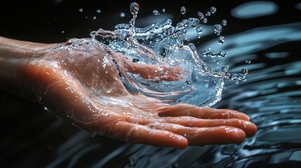 Fototapeta premium A close-up of a swimmer’s hand slicing through the water, with droplets frozen mid-air as ripples spread outward. The tension and grace in the movement highlight the power and precision of the 
