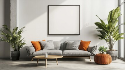 Modern Living Room Interior Design with Gray Sofa, Plants, and Orange Accents