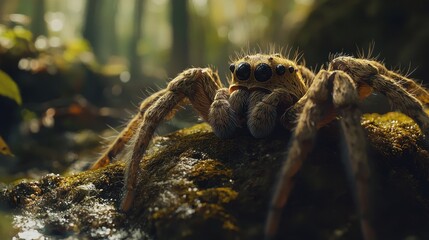 A close-up of a wolf spider resting on a mossy rock, its sharp eyes and hairy legs sharply focused. The blurred forest floor creates a mysterious and captivating natural backdrop. 