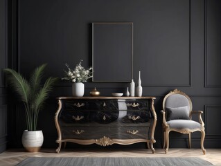 home interior background with commode and decor in living room, Smokey Black wall background