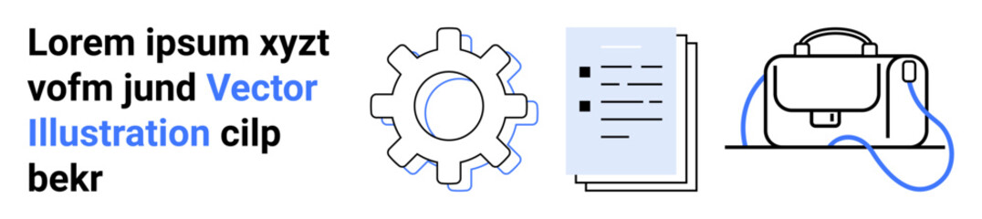 Gear icon, stack of documents, and a briefcase ideal for business, technology, project management, engineering, education, corporate presentations, and marketing. Perfect for a landing page