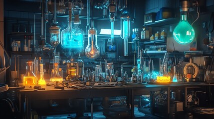 Fototapeta premium Colorful laboratory with glowing beakers and flasks.