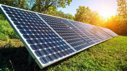 A detailed close-up of a solar panel under bright sunlight, with intricate details of the photovoltaic cells. The sharp contrast between the glowing panel and the blurred natural surroundings 