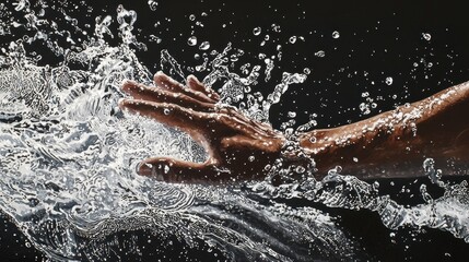 A detailed image of a swimmer’s hand slicing through the water, with droplets captured mid-air and ripples expanding outward. The moment freezes the grace and power of the athlete in motion. 
