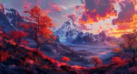 trees and mountain landscapes with colorful sunsets
