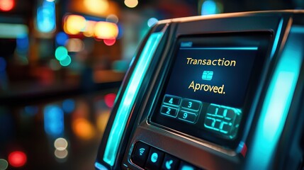 A detailed view of a credit card being inserted into a payment terminal, with the glowing digital screen displaying “Transaction Approved.” The sleek metallic edges of the card and the modern 