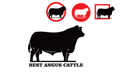 best big angus cattle standing logo, silhouette of healthy cow at farm vector illustrations
