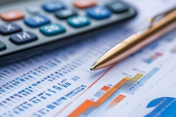 Financial analysis, business report, calculator, pen. Concept of accounting, finance, and investment.