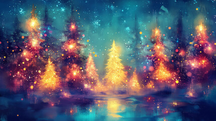 painting of christmas trees in a forest at night, festive, christmas, winter