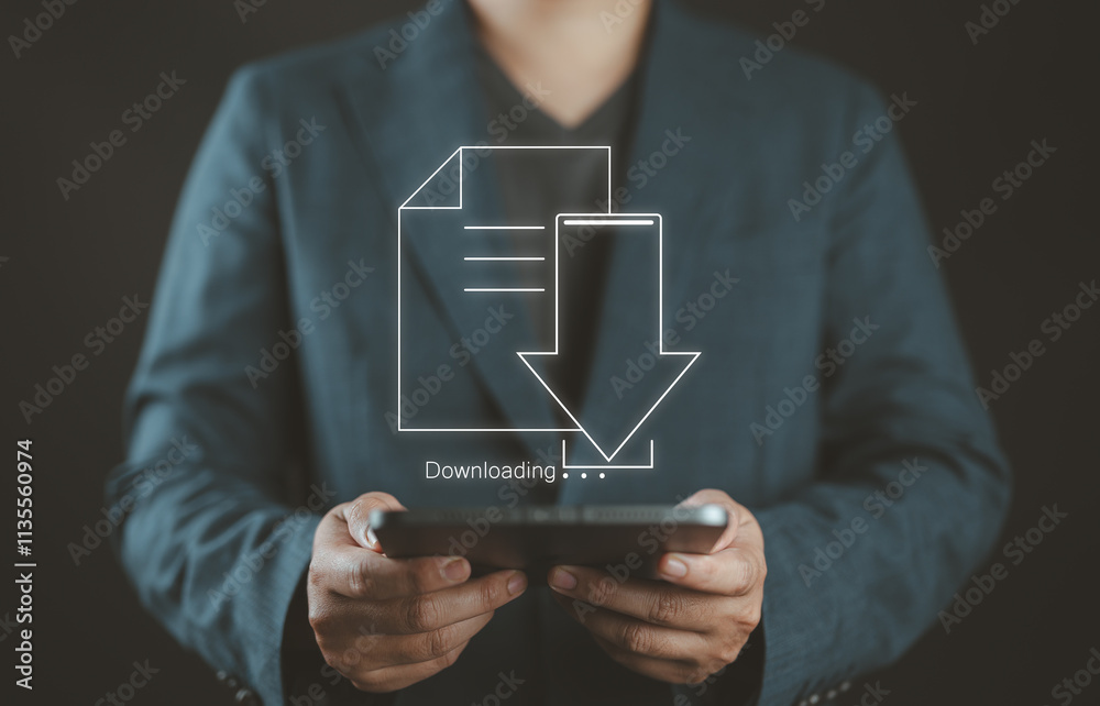 Poster Business people download files or install software on a computer. Data copy or move, cloud storage technology, data backup, cybersecurity, document downloading. Exchange file server.