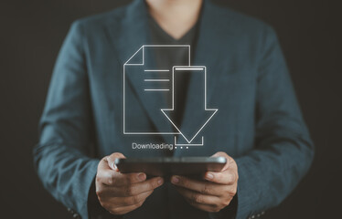 Business people download files or install software on a computer. Data copy or move, cloud storage...