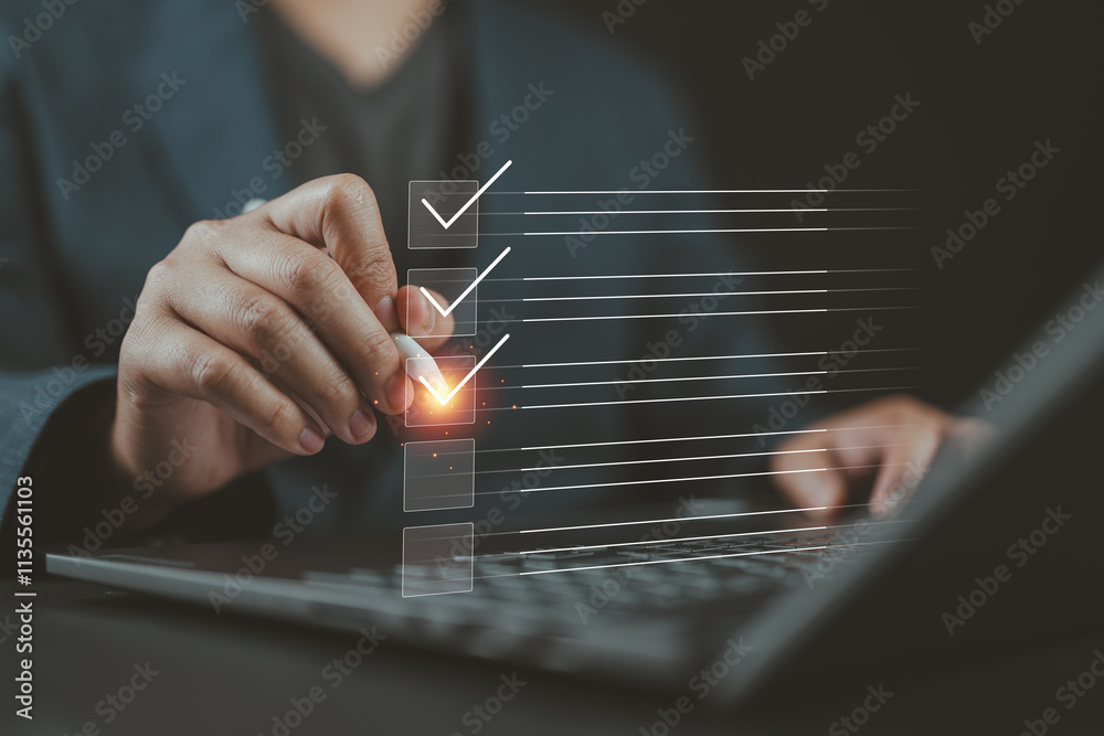 Poster Checklist concept. The survey form, check marks on a checklist, fill out an online form and answer questions. List options for business procedures followed by the office. Businessman marks checkboxes