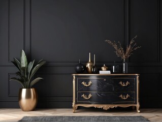 home interior background with commode and decor in living room, Smokey Black wall background