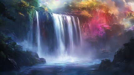 Vibrant waterfall in a dreamlike forest setting.