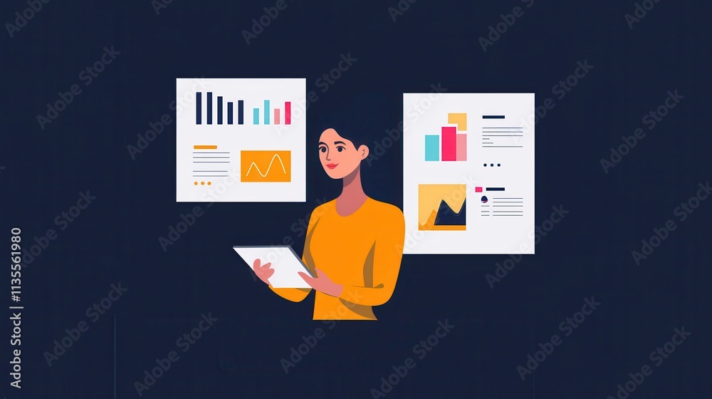 Poster professional woman analyzing data on tablet with charts and graphs in background for business and fi
