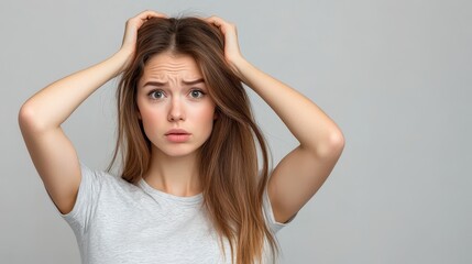 Obraz premium Young woman with long hair expressing frustration and stress in gray t-shirt on neutral background