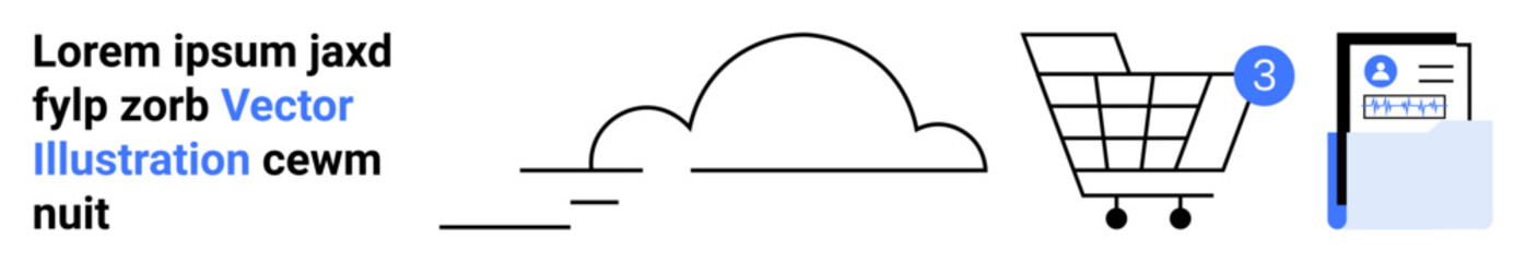 Black text with blue-highlighted section, cloud symbol, shopping cart with notification badge, and profile card icon. Ideal for e-commerce, cloud services, online shopping, notifications, user