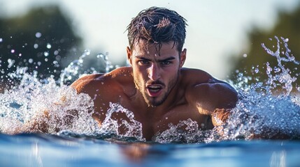 Fototapeta premium Man swimming, water splashes, intense.