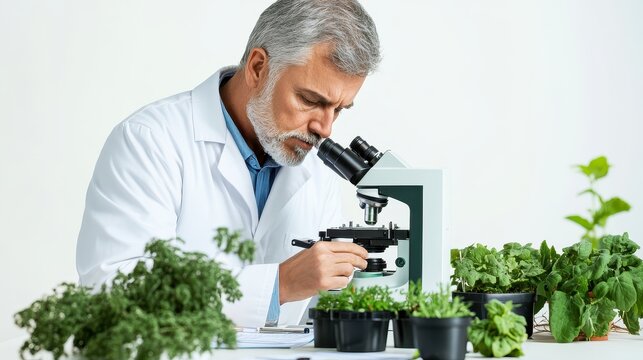 Senior Scientist Analyzing Plant Samples Under Microscope in Modern Laboratory Setting