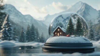 Snow globe, cabin, trees, snow;  serene winter scene.