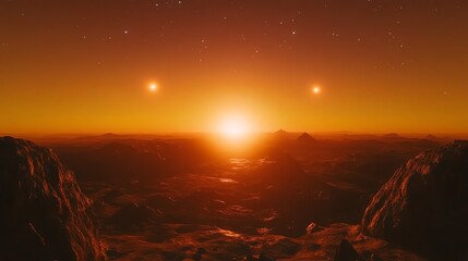 A stunning alien sunrise over distant mountains.