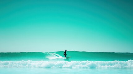 Surfer Riding a Wave in Turquoise Ocean Under Bright Sky during Sunrise at Coastal Beach