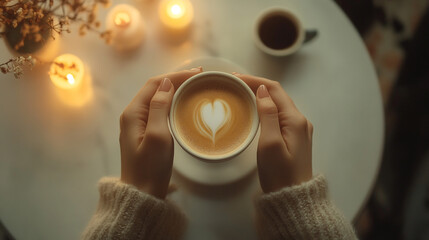 Warm coffee cup held with heart shape in foam surrounded by candles on a cozy table setting