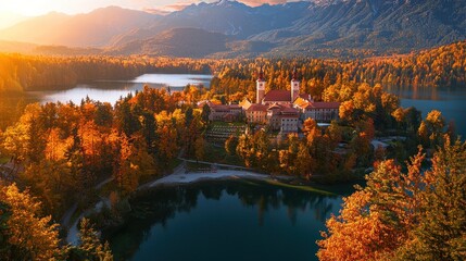 Fototapeta premium Autumnal Island Church Lake Mountain Landscape