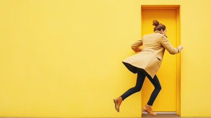 Woman in coat leaping through yellow door against bright yellow wall in urban setting