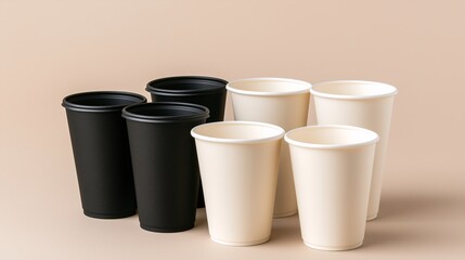 Aesthetic Arrangement of Black and White Disposable Cups Suitable for Coffee or Tea in a Simple Background for Beverage-Related Concepts and Presentations