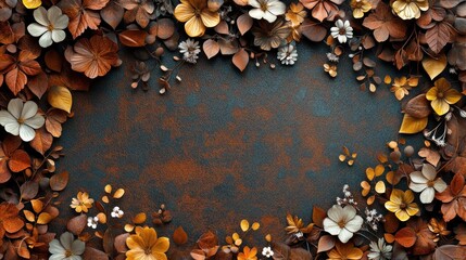 Fototapeta premium A decorative arrangement of flowers and leaves in warm tones on a textured background.