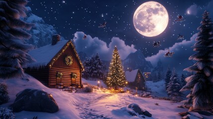 Naklejka premium A festive snowy village with a warmly lit cabin, a beautifully decorated Christmas tree in the front yard, and a frosty moonlit sky.