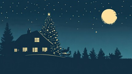 Naklejka premium A festive winter scene with a decorated house, an outdoor Christmas tree shining brightly, and sleigh silhouetted against a moonlit sky
