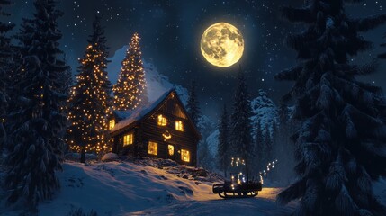Fototapeta premium A magical Christmas illustration with a brightly lit cabin, a twinkling Christmas tree, and sleigh silhouetted against a glowing moon. Snow-covered pine trees surround the cozy home